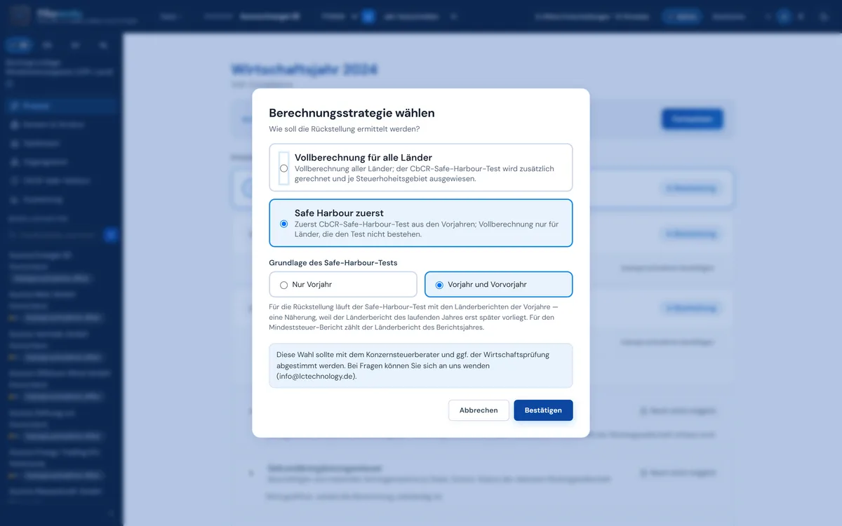 Pillarworks: Dialog Berechnungsstrategie wählen mit Vollberechnung für alle Länder und Safe Harbour zuerst sowie der Grundlage des Safe-Harbour-Tests